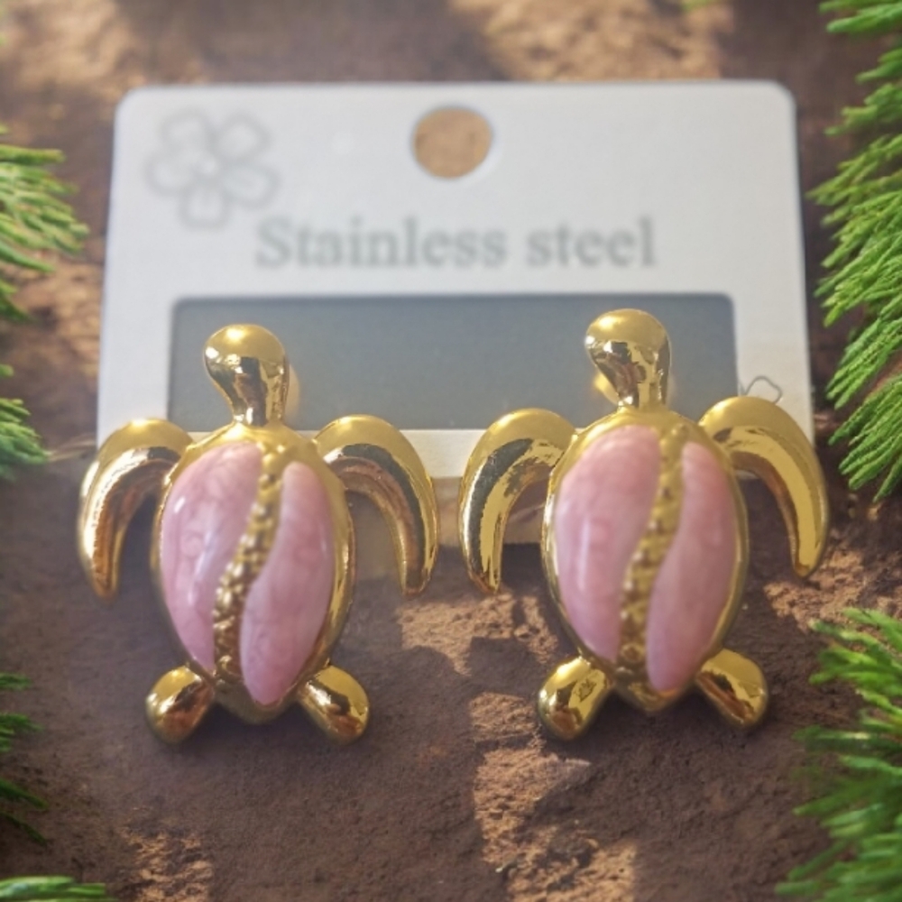 Stainless Steel Gold and Pink Turtle Earrings